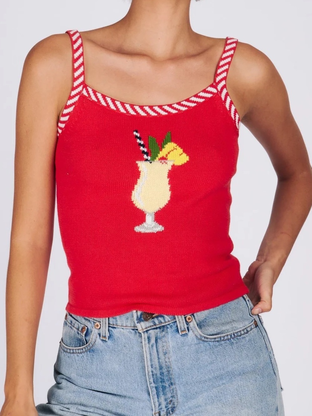 Rachel Antonoff Red Knit Tank with Tropical Cocktail Motif